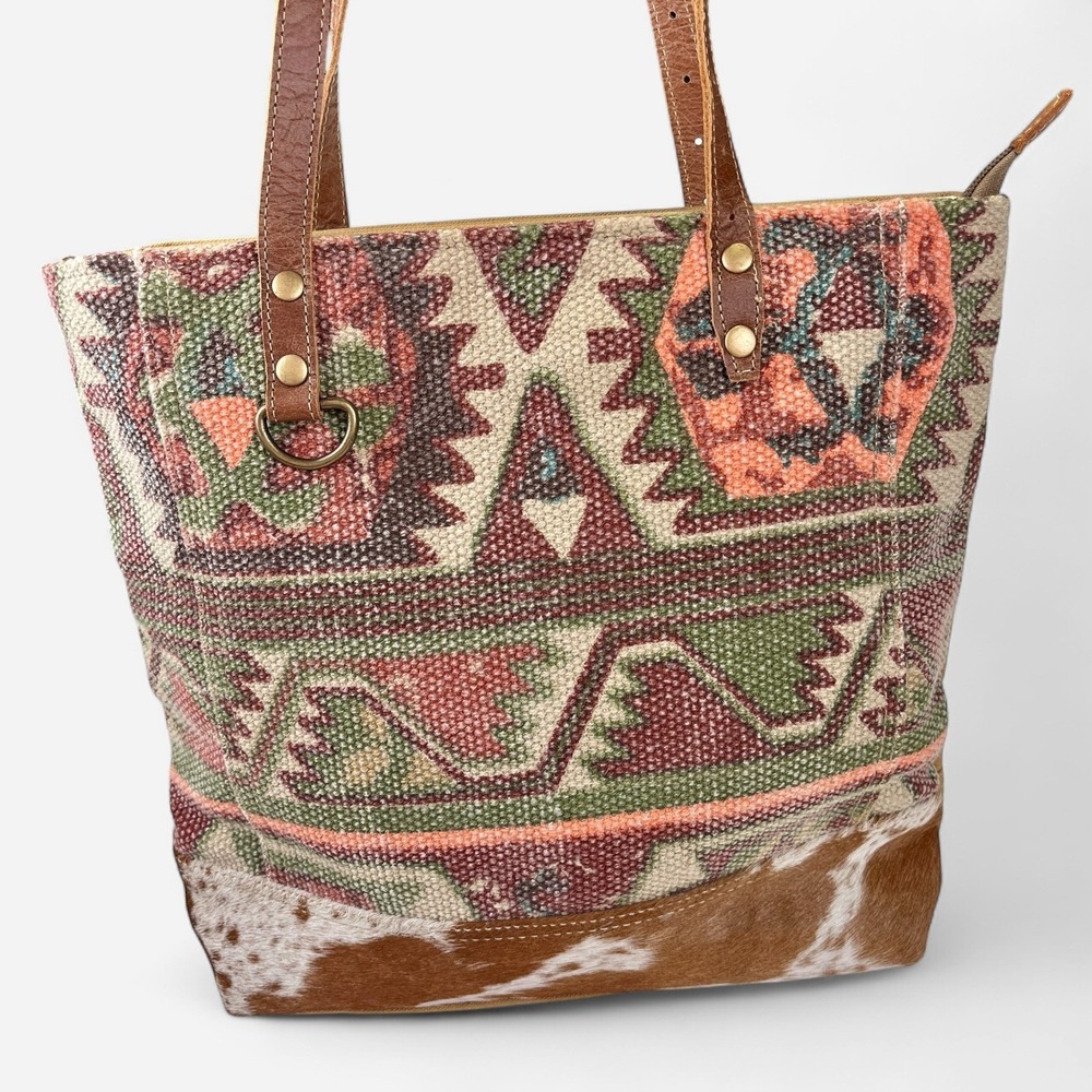 Myra Bag Western Shoulder Bag Tote Hair On Cowhide Leather Canvas Southwestern